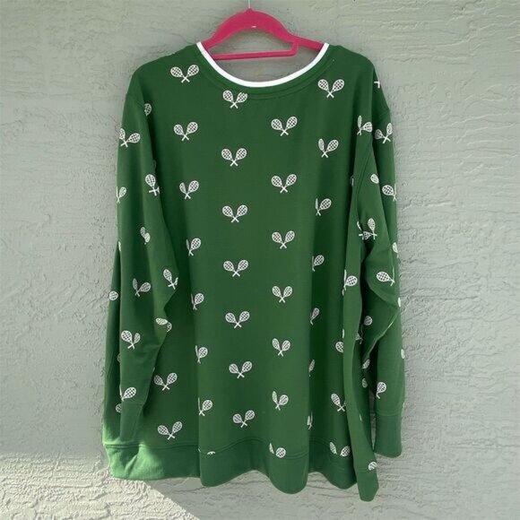Jane + Delancey Women's 2X Green Tennis Racquet Print Sweatshirt - Picture 1 of 9
